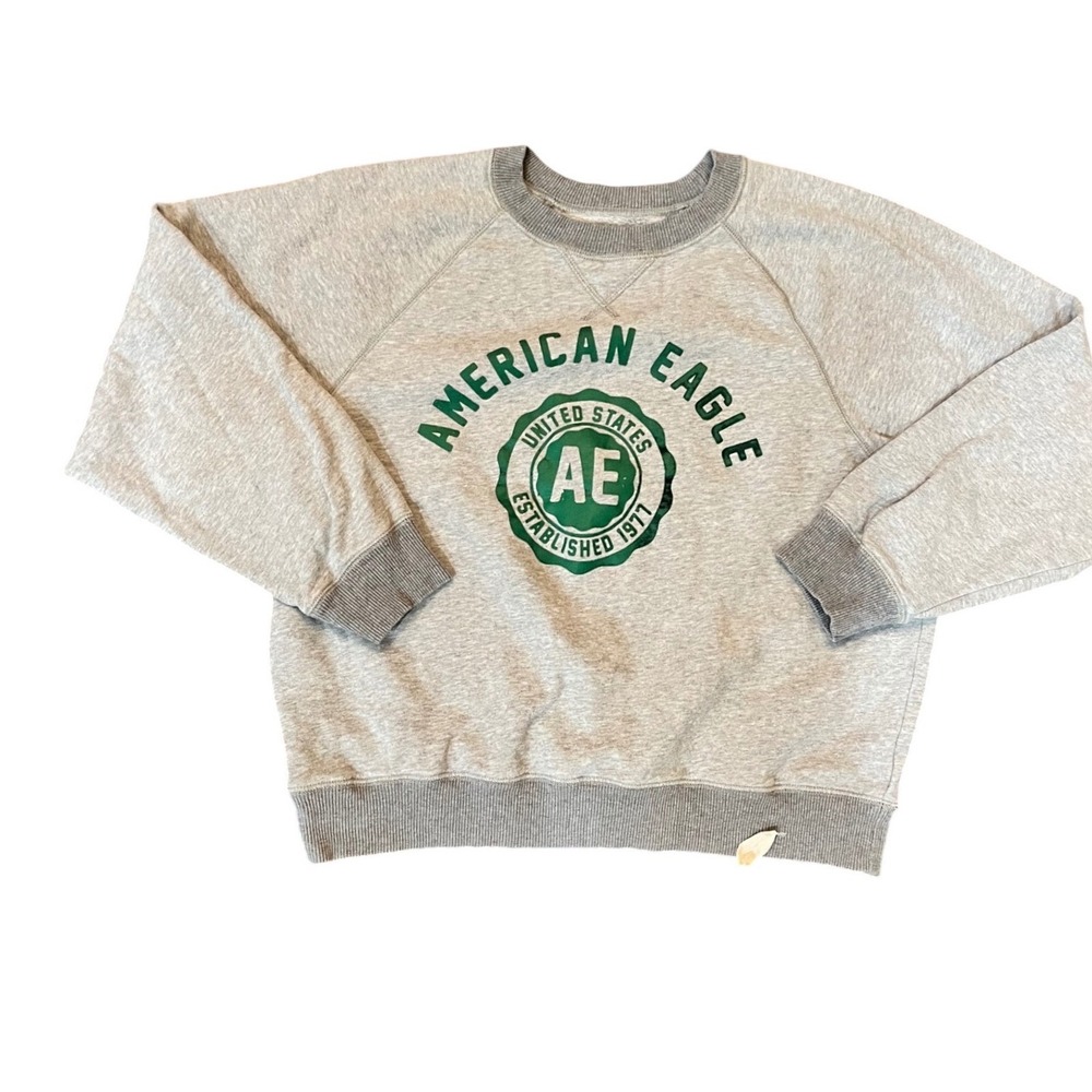 American Eagle Sweatshirt Mens Grey Graphic Logo Raglan Pullover Medium